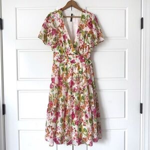 Julian Taylor Floral Midi Dress 8 Pink Easter Butterflies Garden Wedding Smocked